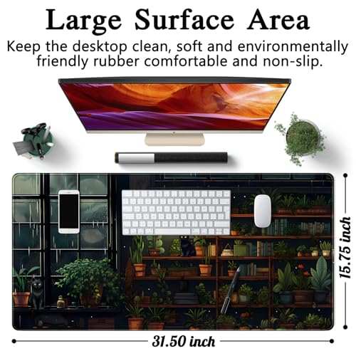 Lofi Cat Desk Mat Dark Green Plant Books Desk Pad Black Cat Aesthetic Anime Big Mouse Pad Large Gaming Mousepad XL Cool Keyboard Pad Deskmat Laptop Computer Mouse Mat 31.5X 15.7in - color: A Lofi Cat
