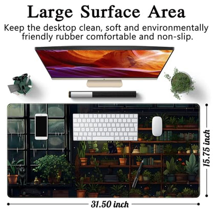 Lofi Cat Desk Mat Dark Green Plant Books Desk Pad Black Cat Aesthetic Anime Big Mouse Pad Large Gaming Mousepad XL Cool Keyboard Pad Deskmat Laptop Computer Mouse Mat 31.5X 15.7in - color: A Lofi Cat