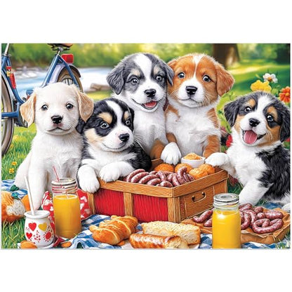 100 Piece Puzzles for Kids Ages 4-6 & 5-8, Puppies Picnic Jigsaw Puzzle for Kids Ages 8-10, Large Piece Puzzles for Adults & Seniors Educational Interactive Family Fun Puzzle for Boys Girls - style: Puppies Picnic
