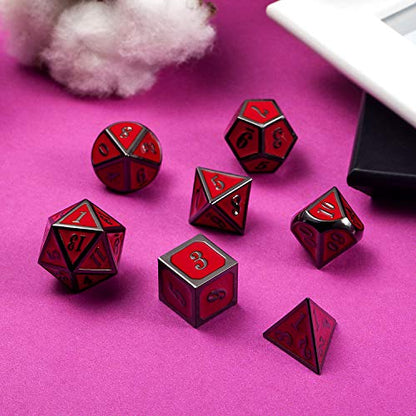 DnDnD Red D&D Game Dice,7 Die Polyhedral Metal Dice with Gift Metal Tin for RPG DND Dungeons and Dragons Dice Collector Board Game Player - color: Black Number Red
