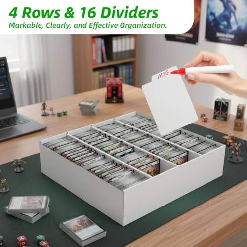 Calenzana 3200-Count Trading Cardboard Card Storage Boxes 1 Pack, 4 Row White Card Box with 16 Dividers, MTG, TCG Card Organizer - size: 16x13.3x1.3 inches