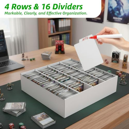 Calenzana 3200-Count Trading Cardboard Card Storage Boxes 1 Pack, 4 Row White Card Box with 16 Dividers, MTG, TCG Card Organizer - size: 16x13.3x1.3 inches