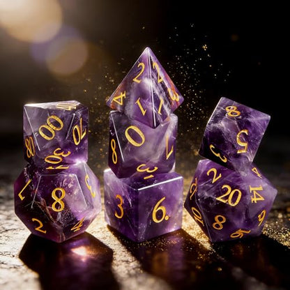 LUCKY-M Amethyst Gemstone DND Dice Set, Birthday Day Gifts for Women, 7PCS Dice D&D Set for Dungeons and Dragons RPG Table Game, Polyhedral D and D Dice - color: 4.amethyst