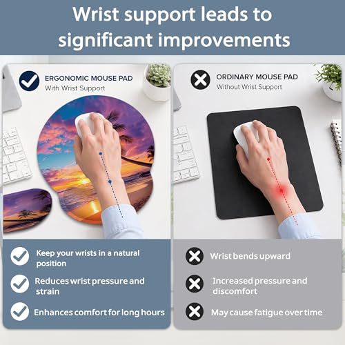 Tropical Palm Keyboard Wrist Rest Pad Ergonomic Mouse Pad Set,Sunset Trees Sea Beach 3 in 1 Memory Foam Mouse Pad with Non Slip Base for Office and Home - color: Tropical Palm Sunset Trees Sea Beach