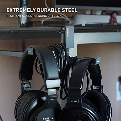 ADV. Dual Suspension Headphone Stand – Floating Headset Stand with 360° Rotating Arm, Adjustable Clamp for Desk/Table, Steel Metal Holder, 3.5mm Jack Mount, Universal Fit, [Grey] - color: Grey