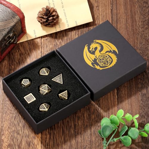 Metal Dice Set, 7pcs Polyhedral Metal DND Dice Set, DND Starter Set, D&D Gifts with Gift Box, Role Playing Board Games Accessories, Bronze - color: Bronze + Gift Box