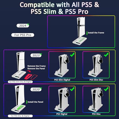 PS5/Slim/Pro Stand and Cooling Station with RGB Controller Charging Station for PlayStation 5 Console, PS5 Controller Charger, PS5 Cooling Stand, PS5/Slim/Pro Accessories Kit with 3 Level Cooler Fan - color: Line RGB-White1
