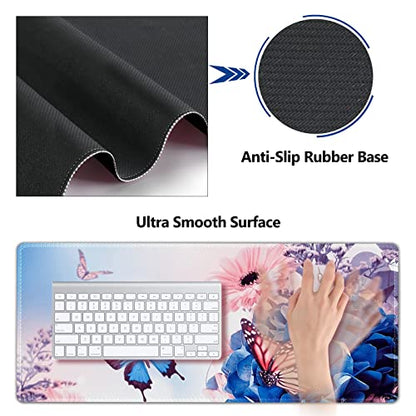 AIMSA Large Gaming Mouse Pad Set, Keyboard Wrist Rest Support Mouse Pad, Ergonomic Memory Foam Multifunctional Extended Desk Mat 35x15.7in Anti-Slip Rubber Base for Office Home, Butterfly Flower - color: Butterfly Flower