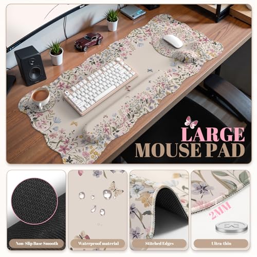 iCasso Desk Mat Set,Large Mouse Pad with Wrist Rest,Ergonomic Keyboard Wrist Support for Women,Girly Floral Computer Mat with Scalloped Edges,Non-Slip Desk Pad Home Office Gaming (Beige) - color: Beige