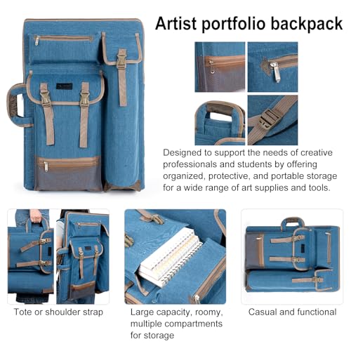 TRANSON Art Portfolio Case Artist Backpack Canvas Bag Large 26” x 19.5” - color: Turquoise Green