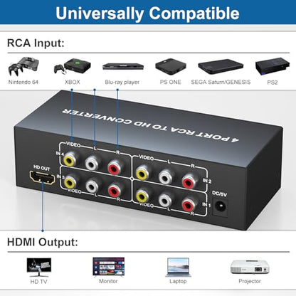 Multiple RCA to HDMI Converter - 4 Port Red White Yellow Composite Component to HDMI Converter for N64/Smart TV/AUX/PS2/PS3/VHS/VCR/DVD Players, Support 4:3/16:9 1080P/720P RCA AV to hdmi Switch