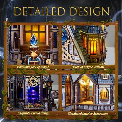 LED 3D Wood Puzzle, School for Wizards with Lighting DIY Wooden Miniature Building Kit Architecture Model