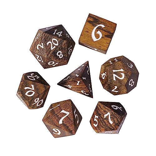 Wood DND Dice Set 7PCS Brown Wooden Dice Set for D&D Tabletop Games | Iron Box, DM Gift, for Dungeons and Dragons Role Playing Games - color: Brown Black Striped