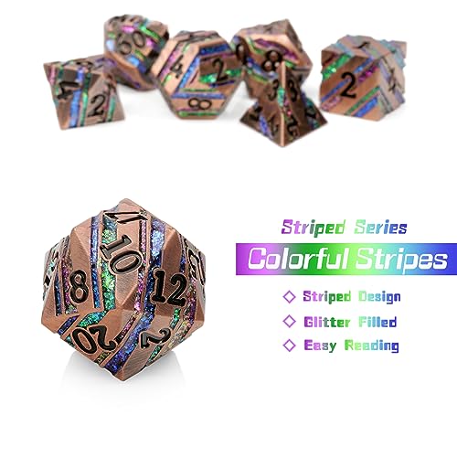 Stripe Metal Dice,DNDND Metallic Glitter Stripes DND Dice with Gift Metal Box for Dungeons and Dragons Tabletop Game (Colorful Stripes) - color: Stripe Colorful