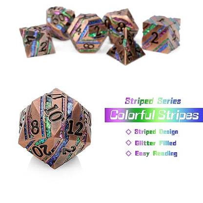 Stripe Metal Dice,DNDND Metallic Glitter Stripes DND Dice with Gift Metal Box for Dungeons and Dragons Tabletop Game (Colorful Stripes) - color: Stripe Colorful