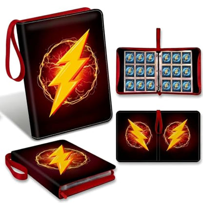 Trading Card Binder 9 Pocket – 900 Card Capacity, Zipper & Handle, PU Leather Album, 3-Ring Binder with 50 Sleeves for TCG Cards, Fits Stanrd Card size Custom Thunderbolth Design. - color: Black and Red, size: Large
