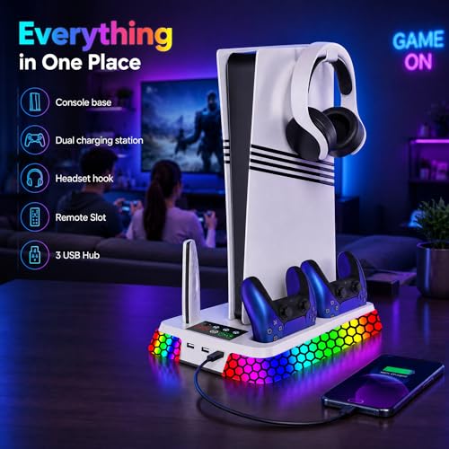 Cooling Station for PS5 Slim Pro,Vertical Stand with Adjustable Fan Charger | Gift for PS5 Long Gaming,3 Level Quiet Fan,Two Controller Charging,10 Colors Dynamic Mode,Headset Hook,USB Hub,Anti-Slip Base - color: White