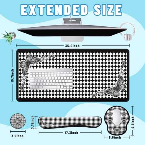 Gothic Butterfly Desk Mat Set Harlequin Black White Large Mouse Pad with Wrist 4in1 Desk Mat for Desktop Ergonomic Keyboard Wrist Support Anti-Slip Computer Ergonomic Mouse Pad Home Office Gaming - color: Gothic Butterfly