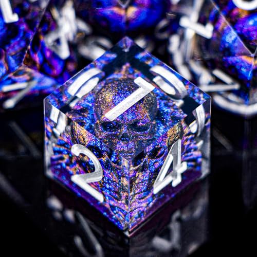 DND Skull Dice Set 7PCS Necromancer Polyhedral Dice for Dungeons Dragons RPG Role Playing Game, Resin Sharp Edged D and D Dice with Gift Box D6 D8 D10 D12 D20 (Blue-Violet) - color: Blue Purple&silver