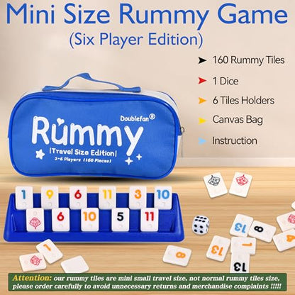 Doublefan Mini Rummy Cube Game, Mini Size Rummy Set with Portable Canvas Bag, Small Travel Board Game for Adult and Kids,160 Tiles, 6 Playing Rack, 1 Dice (2-6 Players) - style: Mini Size (2-6 Player)