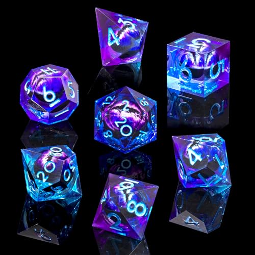 Beholder's Dragon Eye DND Dice Set,Sharp Edge Liquid Core Resin Handmade Cat Eye Dice with Gift Box 7 PCS for Role Playing Dungeons and Dragons Ttrpg(Blue Purple) - color: Gradient-blue Purple Dragon Eye