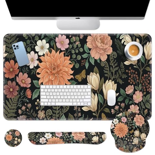Arttown Spring Flower Desk Mat Leaves Floral Colorful Mouse Pad Set 4 in 1 Ergonomic Design Large Mousepad + Keyboard Wrist Rest + Mouse Wrist Rest + Coaster Suitable for Home Office Study Game - color: Spring Vintage Floral
