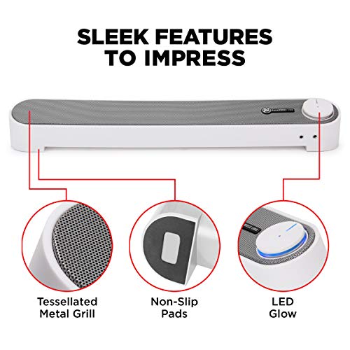 GOgroove Computer Speaker Mini Soundbar - USB Powered PC Sound Bar with Easy Setup Wired AUX, Stereo Audio, Microphone Port, Volume Control Knob, Under Monitor Design for Desktop (White) - color: White and Grey