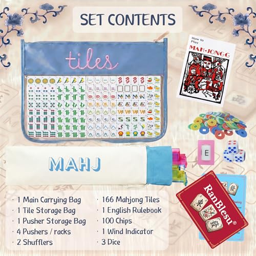 American Mahjong Tile Set, 166 Premium Blue Tiles, 4 All-in-One Color Racks/Pushers, Mahjong Accessories Mahjong Set Complete with Bag (Ma Jong, Mah-Jongg, Majiang)