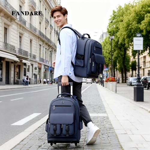 FANDARE Rolling Laptop Backpack Convertible Luggage Backpack with Wheels Travel Daypacks Multi-Functional Carry-On for Business Trip Men Lifestyle Outdoor Urban Waterproof PU Film Backpacks Blue - color: Blue