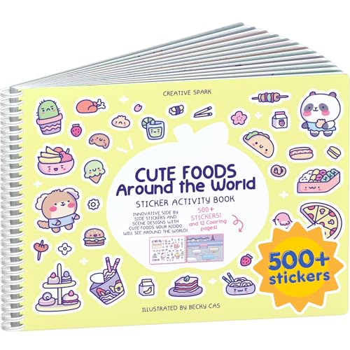 Cute Foods Around The World 500+ Sticker Book for Girls by Cupkin Toddler Airplane Activity Coloring + Sticker Book, Road Trip Essentials, 12 Coloring Pages + Scenes for Ages 2–8 Years - color: Cute Foods Around the World