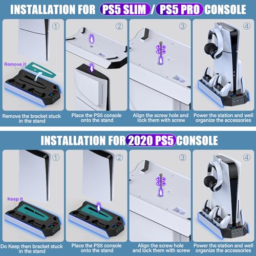 PS5 / PS5 Slim Cooling Station Stand LED with Dual Controller Charging Station for PlayStation 5 Console, PS 5 Accessories Incl. Controller Charger, Cooling Fan, Headset Holder, 3 USB Hub-White&Black - color: RGB WHITE & BLACK
