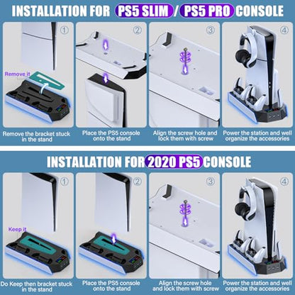 PS5 / PS5 Slim Cooling Station Stand LED with Dual Controller Charging Station for PlayStation 5 Console, PS 5 Accessories Incl. Controller Charger, Cooling Fan, Headset Holder, 3 USB Hub-White&Black - color: RGB WHITE & BLACK