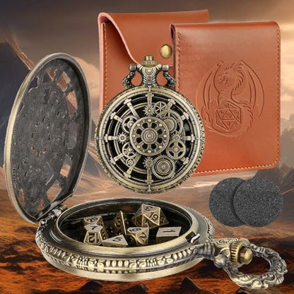 Bronze Hollow Gear Pocket Watch Shell Case with 7pcs Polyhedral Metal Dice, Steampunk Mini DND Dice Set, Table Top Game RPG Accessories, DND Starter Set, D&D Gifts with Leather Bag, Gift for Gamer - color: Bronze