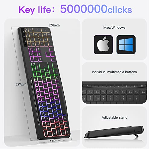 TECURS Wireless Gaming Keyboard - Light Up, Silent, Ultra Slim Full Size, LED Backlit 2.4G with Multimedia Keys for Mac & Windows