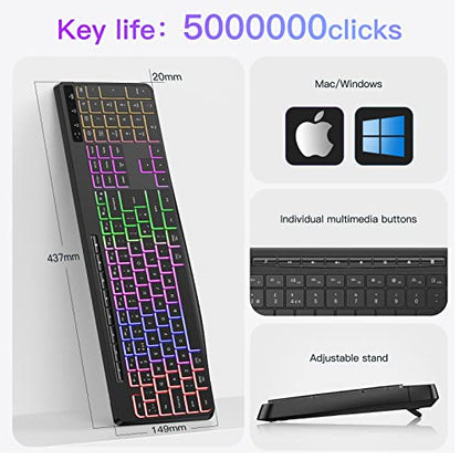 TECURS Wireless Gaming Keyboard - Light Up, Silent, Ultra Slim Full Size, LED Backlit 2.4G with Multimedia Keys for Mac & Windows