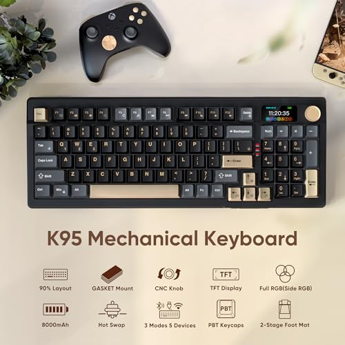 RedThunder K95 Wireless Mechanical Keyboard, TFT Screen & Knob, Tri-Mode BT5.0/2.4GHz/USB-C Hot Swappable Custom, Pre-lubed Linear Pink Switches, Gasket Structure, RGB Gaming Keyboard, Black-Gold - color: Black Gold