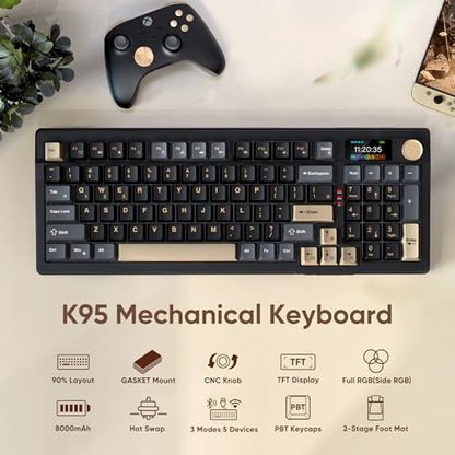 RedThunder K95 Wireless Mechanical Keyboard, TFT Screen & Knob, Tri-Mode BT5.0/2.4GHz/USB-C Hot Swappable Custom, Pre-lubed Linear Pink Switches, Gasket Structure, RGB Gaming Keyboard, Black-Gold - color: Black Gold