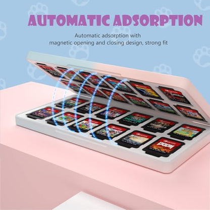 NANANINO Nintendo Switch Game Case Holder – Portable Switch Game Card Case for Switch/Switch OLED/Switch 2, Magnetic Closure, Holds 24 Switch Game Cards & 24 Micro SD Cards - Cat Paw Pattern - color: CatPaw PinkBlue