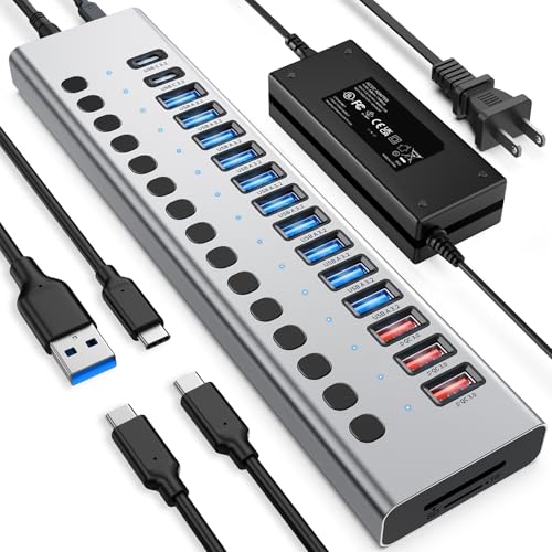 VANGREE Powered USB Hub 10Gbps, 17 Ports USB 3.2 Hub, 96W Power Adapter | 10 USB-A 3.2, 3 QC 24W Fast Charging, 2 USB-C 3.2, SD/TF, 12V/8A Power Adapter for Laptop, PC, Computer, HDD, Flash Drive - color: Silver