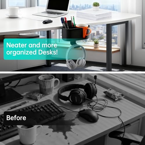4-in-1 Desk Organizer Cup Holder Clamp-on Under Desk Office Home Storage | Carbon steel hook holds 11lb.Detachable storage box.Frees up desk space.Holds cup/headset/bag/phone/pen/stationery.No tools.