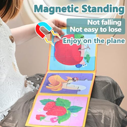 D-KINGCHY Magnetic Puzzles for Kids Ages 3+, 3-in-1 Puzzle Book 9 12 16 Pieces, Travel Jigsaw Puzzles, Road Trips Toys for 3 4 5 6 7 Boys Girls Birthday Gift (Fruits) - style: Fruits