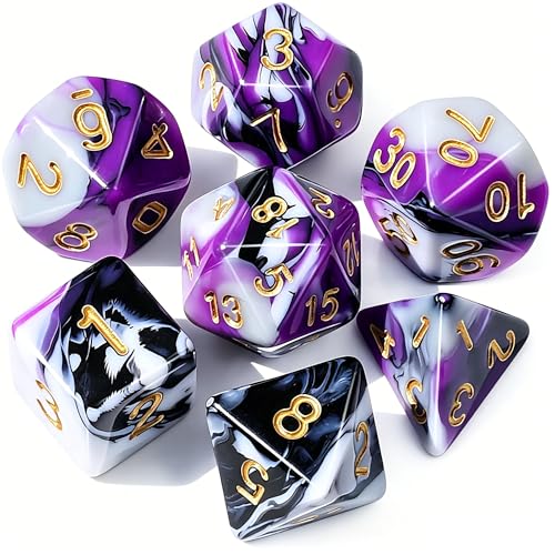 CiaraQ 7pcs Polyhedral Dice Set for Dungeon and Dragons MTG Table Games | Acrylic Role Playing Dice for D&D with Black Velvet Bag – Purple, Black & White Tri-Color Swirl – Standard Size – Ages 14+ - color: Purple-black-white Swirl