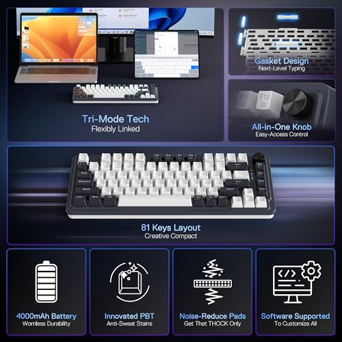 Redragon K673 PRO Wireless 81-Key RGB Gasket Gaming Keyboard, Scroll Knob | Multi-Function Control Wheel, 0-Delay Tri-Mode, Cushioned 5-Layer Noise Dampening for Creamy Thocky Sound, Compact 80% Size - color: Abyssal Blue, size: 81 Keys + No LCD Screen