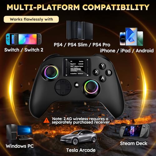 Interactive Screen Wireless Gaming Controller for PC/PS4/Switch/Android/iOS, Gamepad with Phone Clip for Gamers,4 Programmable/Turbo/6-axis Gyro/Dual Vibration/RGB Lighting/Wake-up/Share/Wake-up - color: Black