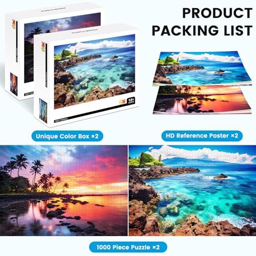 2 Pack 1000 Piece Puzzles for Adults - Beach, Coconut Tree, Reef Landscape Jigsaw Puzzles - 2000 Pieces Total - color: Beach Coconuttree Reef
