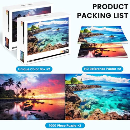2 Pack 1000 Piece Puzzles for Adults - Beach, Coconut Tree, Reef Landscape Jigsaw Puzzles - 2000 Pieces Total - color: Beach Coconuttree Reef