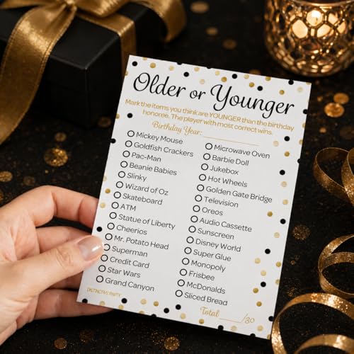 Black and Gold 90th Birthday Games Set, Born in the 1930s, 20 Guests | 5" x 7" Dual-Sided Cards, Who Knows Best, Older or Younger, and 1930s Trivia Games, Answer Keys Included - color: Black and Gold