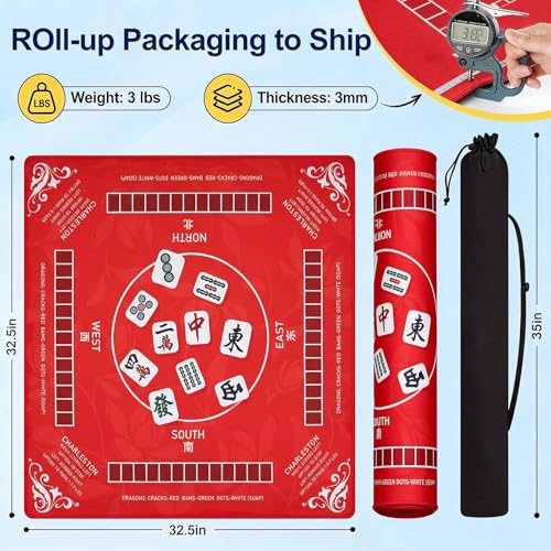 Crease-Free Mahjong Mat with Rules for Table 32.4''x32.4'', Rolled Shipping, Mah Jongg Mat with Carrying Bag for American Mahjong, Poker, Board Games, Card Games & Dominoes (Bright Red) - color: Bright Red