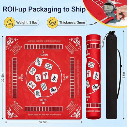Crease-Free Mahjong Mat with Rules for Table 32.4''x32.4'', Rolled Shipping, Mah Jongg Mat with Carrying Bag for American Mahjong, Poker, Board Games, Card Games & Dominoes (Bright Red) - color: Bright Red
