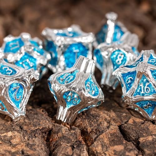 7PCS Metal Dice Set D&D Silver Metal DND Dice for RPG Board Games | Leather Storage Bag, DM Gift, for Dungeons and Dragons Role Playing Games - color: Metal Tree-silverblue